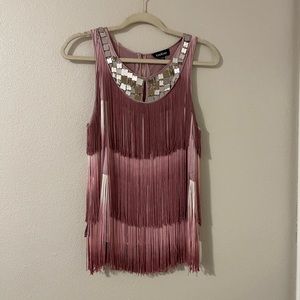 BEBE Fringed top with mosaic mirrors.